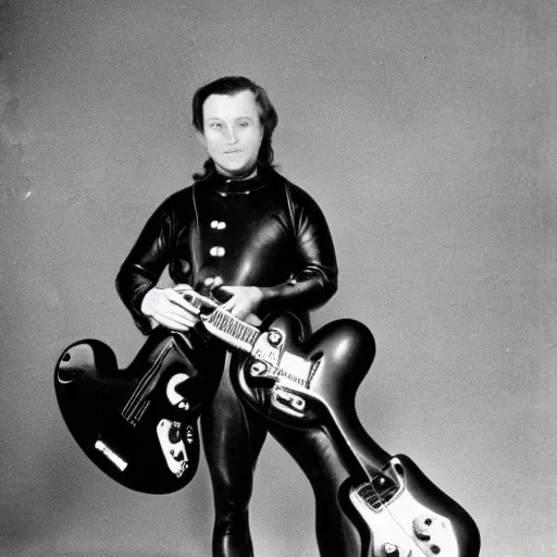 Prompt: early diving suit diver holding a stratocaster electric guitar. old diving suit pictures