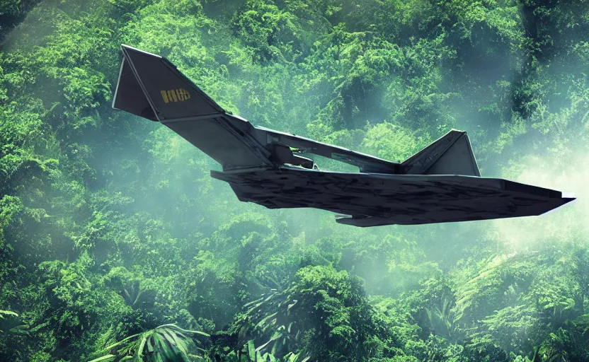 Prompt: photo of sci - fi fighter landing on jungle complex, ultra detailed, movie frame, cinematical composition, 4 k, breaking bad