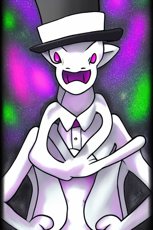 Image similar to mewtwo human hybrid wearing a top hat and suit, highly detailed, digital art, sharp focus, ambient glow, trending on art station, anime art style