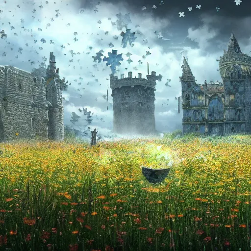 Image similar to puzzle pieces fall from the sky at a field of flowers. darksouls concept art 8k.