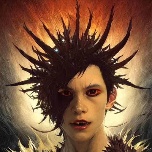 Image similar to demon boy, yokai boy with wild spiky hair, vantablack cloak, red eyes, ultra realistic, concept art, intricate details, eerie, highly detailed, photorealistic, octane render, 8 k, unreal engine. art by artgerm and greg rutkowski and charlie bowater and magali villeneuve and alphonse mucha