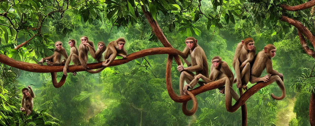 Prompt: a family of monkeys swing through the trees in a beautiful jungle landscape bordered by vines, flowers, tropical birds, snake, river with stunning water, weta pixar high fantasy many detailed features photorealism