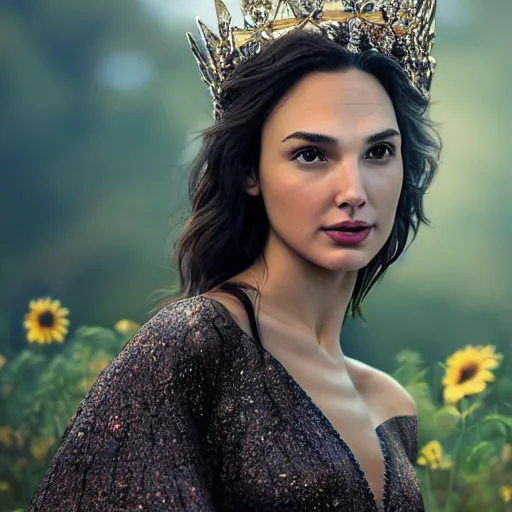 Image similar to fine art photo of the beauty gal gadot, she is posing while maintain a sweet eye contact to the camera, she has a crown of flowers, the photo was taken at sunrise with a bokeh effect, by ellie victoria gale, photorealistic, matte painting, hyper realistic, 4 k, 8 k, cinematic composition, hd, highly detailed, trending on artstation