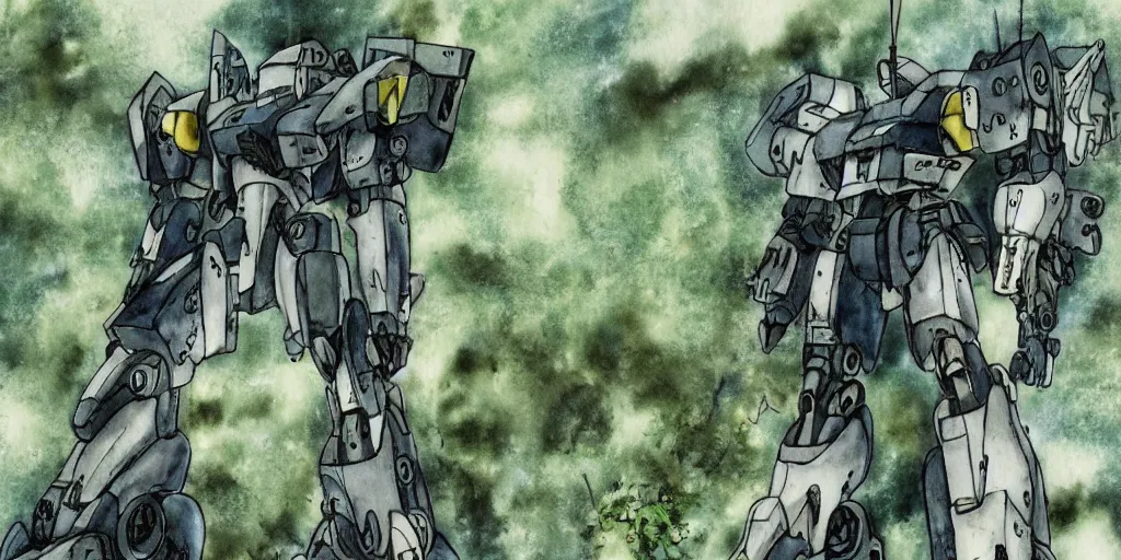 Prompt: Abandoned mecha overgrown with moss, oppressive atmosphere, low contrast, cloudy, Hideaki Anno, watercolor, Patlabor, Gunbuster