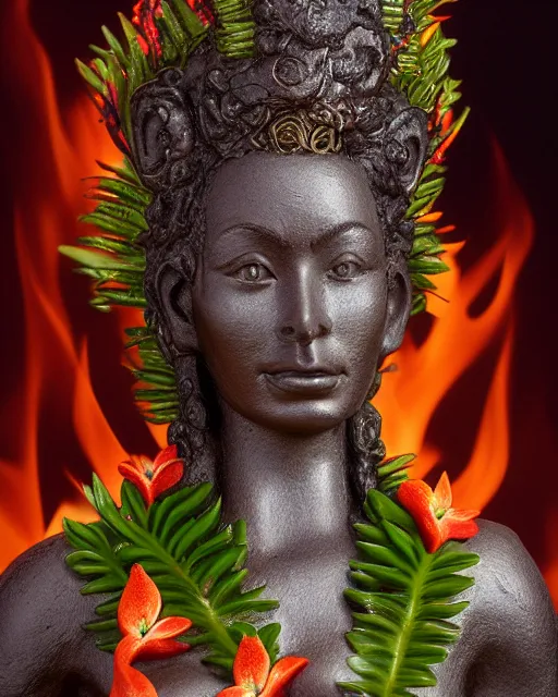 Prompt: 5 5 mm portrait photo of pele a hawaiian fire goddess holding molten lava standing in cauldera of volcanoe, wreath of anthuriums around her head and waist. by luis royo. highly detailed 8 k. intricate. lifelike. soft light. nikon d 8 5 0. cinematic post - processing