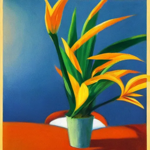 Image similar to bird of paradise flowers in a Hawaiian setting, golden hour, by Edward Hopper and Georgia O’Keefe