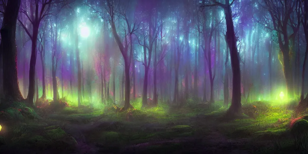 Image similar to beautiful matte painting of a colorful fantasy dark forest at night