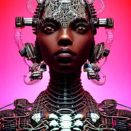 Image similar to portrait of an absurdly beautiful, graceful, sophisticated, fashionable black cyberpunk mechanoid gravure idol, hyperdetailed illustration by irakli nadar, maria borges, matt wisniewski style, intricate linework, dark skin, neon jellyfish headdress, intricate ivory carved ruff, unreal engine 5 highly rendered, global illumination, radiant light, detailed and intricate environment