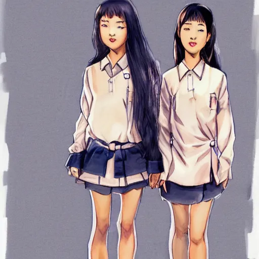 Image similar to a perfect, realistic professional digital sketch of two Japanese schoolgirls posing, in style of Marvel, full length, by pen and watercolor, by a professional American senior artist on ArtStation, a high-quality hollywood-style sketch, on high-quality paper