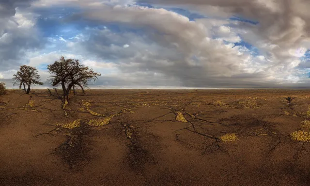 Image similar to panorama of big raindrops flying upwards into the perfect cloudless blue sky from a dried up river in a desolate land, dead trees, blue sky, hot and sunny highly-detailed, elegant, dramatic lighting, artstation, 4k, cinematic landscape, photograph by National Geographic