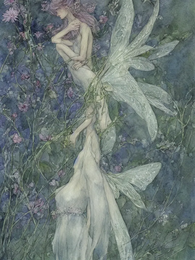 Image similar to study of a flower fairy, illustration, watercolor, alan lee, detailed, pretty, ethereal,