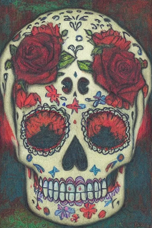 Prompt: Illustration of a sugar skull day of the dead girl, art by L Birge Harrison