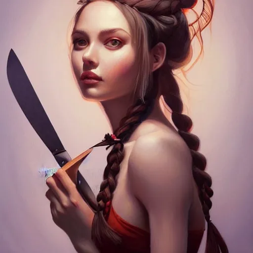 Prompt: a beautiful painting of a gorgeous young mother standing in front of weathered cutting board with auburn side braid draped over her shoulder and pretty hazel eyes,, representative of the art style of artgerm and wlop and peter mohrbacher, holding knife and chopping vegetables