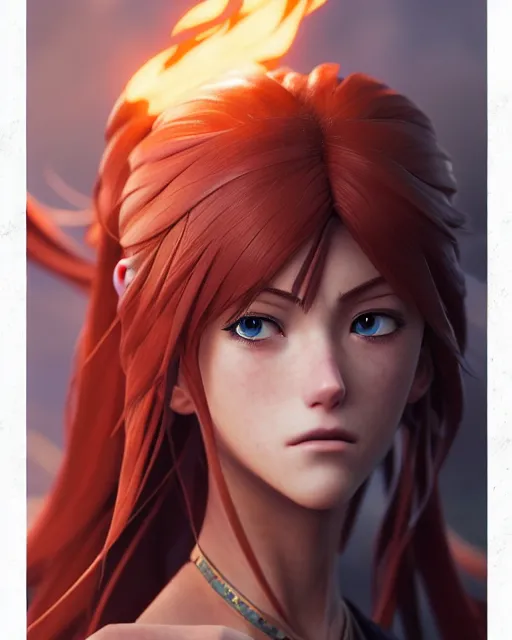 Image similar to azctec warrior, katherine mcnamara, detailed perfect face, exquisite details, fire magic, mid view, design on a white background, by studio muti, greg rutkowski makoto shinkai takashi takeuchi studio ghibli