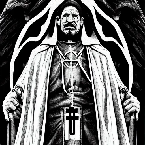 Image similar to Danny Trejo as church nun, dark fantasy, highly detailed, artstation, manga illustration by Kentaro Miura berserk