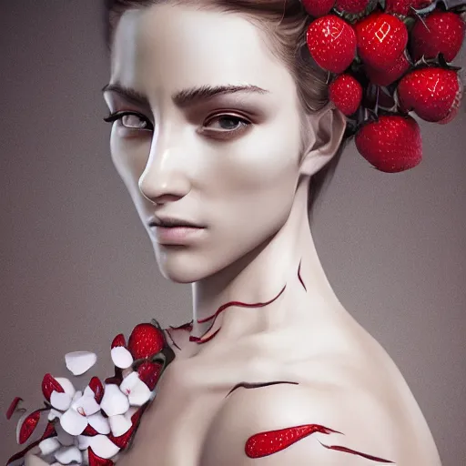 Prompt: the portrait of an absurdly beautiful, graceful, elegant, sophisticated, fashionable young fitness model made of strawberries and white petals, an ultrafine hyperdetailed illustration by kim jung gi, irakli nadar, intricate linework, bright colors, octopath traveler, final fantasy, unreal engine 5 highly rendered, global illumination, radiant light, detailed and intricate environment