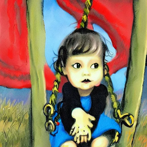 Prompt: emo fantasy painting of a little girl on a swing by dr seuss | horror themed | creepy