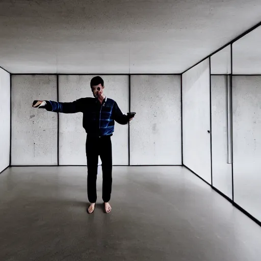 Image similar to a man taking a selfie in a minimalistic concrete room, standing on the edge of a rectangular pond in the center of the room surrounded by upholstered sofas, a tilt shift photo by leandro erlich, featured on cg society, kitsch movement, hall of mirrors, high dynamic range, studio portrait