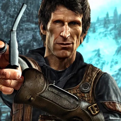 Prompt: todd howard pointing a gun towards the camera and forcing you to buy skyrim, threatening, sharp, cinematic, colorful, digital, neon, bright