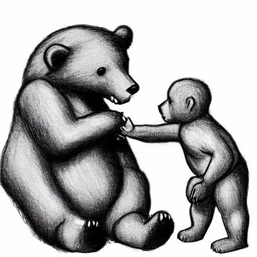 Prompt: drawing of a bear playing with a baby human doll. digital art. high quality. high fidelity