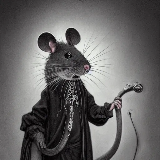 Image similar to a photograpic portrait of a anthropomorphic mouse wearing black clothes, black hair, grey skin, grey mouse ears, fantasy, intricate, elegant, highly detailed, digital painting, artstation, smooth, sharp focus, illustration, art by artgerm and H R Giger and alphonse mucha