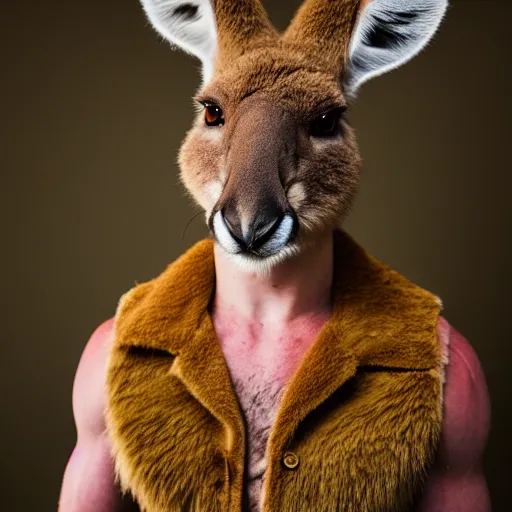 Image similar to a photo of a buff kangaroo wearing a safari hat and vest, studio photography, 8 k