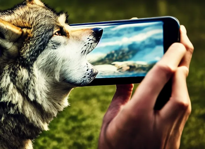 Image similar to portrait of a wolf playing games on a phone, realistic photograph, high quality, 4 k, full shot