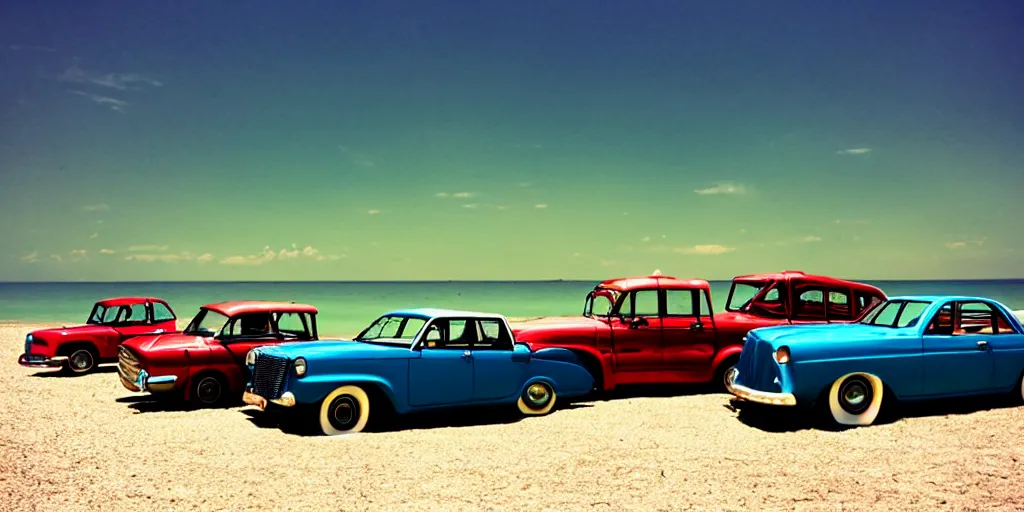 Prompt: vintage cars on a beach