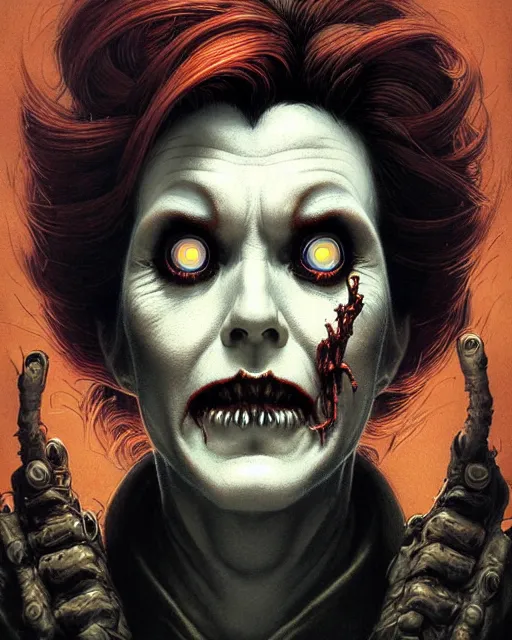 Prompt: moira from overwatch, mad scientist, evil scientist, character portrait, portrait, close up, concept art, intricate details, highly detailed, horror poster, horror, vintage horror art, realistic, terrifying, in the style of michael whelan, beksinski, and gustave dore