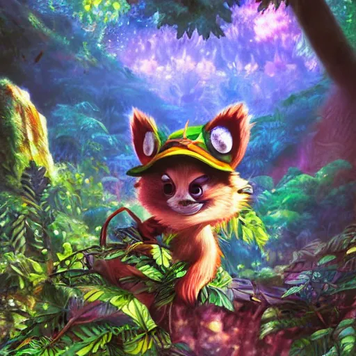 Image similar to disco diffusion painting of teemo in the jungle by makoto shinkai, masterpiece, contest award winner