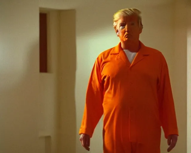 Prompt: establishing shot, film still of donald trump wearing orange prison pajamas locked up in an asylum, cinematic masterpiece, octane, dramatic lighting, very detailed