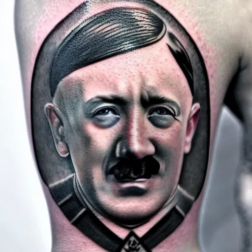 Image similar to tattoo of adolf hitler and coat of arms of ukraine many details, super realistic, high quality, 8 k