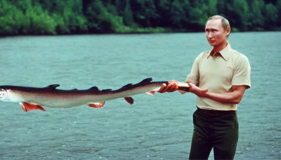 Image similar to 7 0 s movie still of putin catching a salmon with his hands, cinestill 8 0 0 t _ 3 5 mm eastmancolor, heavy grain, high quality, high detail