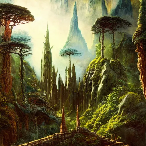 Prompt: a beautiful and highly detailed oil painting of an elven temple deep in the misty mountains, secret valley, tall spires, beautiful trees, runes carved into the stone, intricate details, epic scale, insanely complex, 8 k, sharp focus, hyper realism, fantasy landscape, psychedelic, by caspar friedrich, brian froud, albert bierstadt,