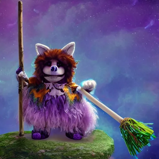 Image similar to a fox druid wizard as a fluffy muppet plush wearing a vaporwave nostalgic cloak and holding a staff made from a stick with an amethyst gemstone tied at the top with dnd dice scattered around it, photorealistic, photography, national geographic, sesame street