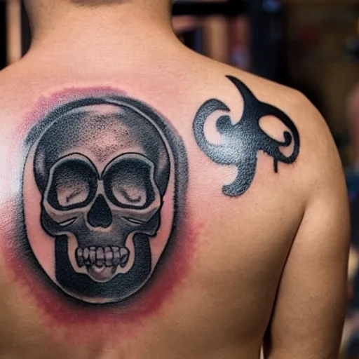 Image similar to yin-yang skull tattoo on a back of a man