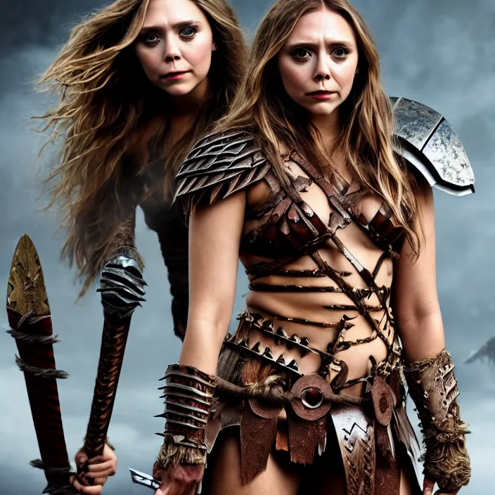 Image similar to professional full length photograph of elizabeth olsen as a barbarian warrior. Extremely detailed. 8k