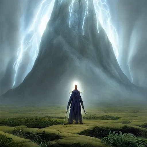 Prompt: a beautiful detailed realistic matte painting of a magical wizard looking towards a serene landscape with an eerie dark magic lightning portal to another dimension, by john howe and alexander skold and andreas rocha. vray, raytracing, detailed lighting, volumetric lighting, cinematic lighting, very wide shot, f 8