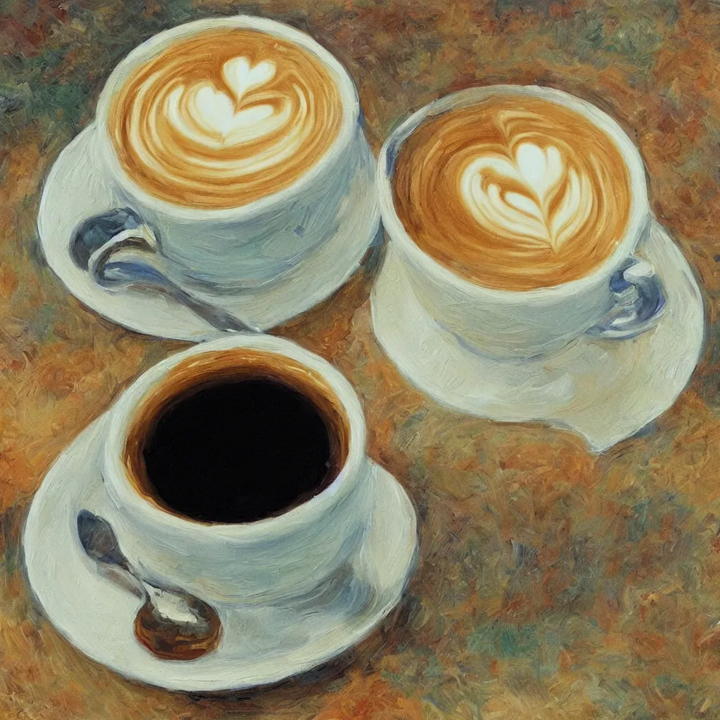 Image similar to a beautiful painting of a close up cup of coffee that says I Love You in the style of Monet