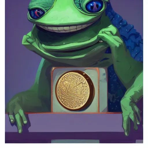 Image similar to super rich happy pepe in the vault, luxury, treasury, coins, money, hyper detalied, blue crystals, greg rutkowski, artstation