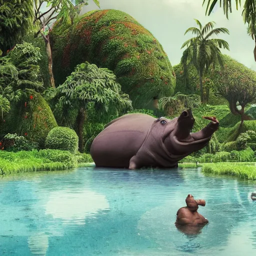 Image similar to 3D render of an anthropomorphic hippo wading in a pool at a beautiful and lush park. There is a jungle in the background, summer, warm gentle lighting, anatomy portrait, fullbody, symmetrical, 3D, with lightning, ultra colourful clean design, beksinski, carl spitzweg, Beeple, and Tuomas Korpi and bouguereau, good clear quality, warm lighting, biology, symmetrical artwork, perfect face, 135 mm, cinematic, hyper realism, high detail, octane render, Maya Render, 8k, pink and green accents