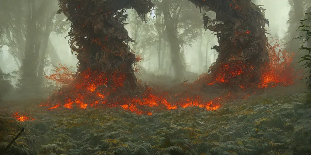 Prompt: a flaming forest, flaming leaves, magma, flame stones, flame ferns, flame shrubs are scattered, huge flame fantasy plant, covered in flame porcelain vine, artstation, by jakub rozalski, greg rutkowski, anthony avon
