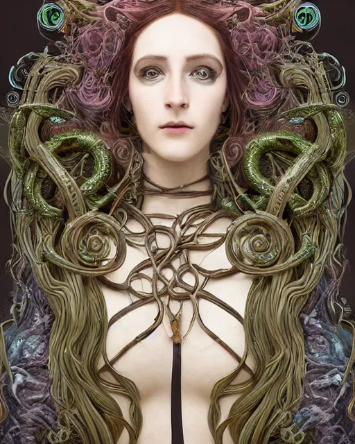 Image similar to Pre-raphaelite Perfectly-centered Hyperdetailed Hyper realistic symmetrical cinematic RPG digital art portrait-illustration of a beautiful aetherpunk cyberpunk Medusa in a black long otherworldly dress> and ravepunk snakes for hair, next to lovecraftian towers in a surreal landscape, style of epic sci-fi comic-book cover, 3D rim light, octane, cgsociety, smooth, sharp focus