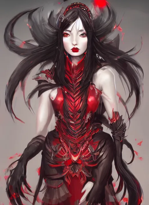 Prompt: a highly detailed illustration of beautiful black long hime cut hair woman wearing a red battle dress, red eyes, dramatic smile pose, intricate, elegant, highly detailed, centered, digital painting, artstation, concept art, smooth, sharp focus, league of legends concept art, WLOP