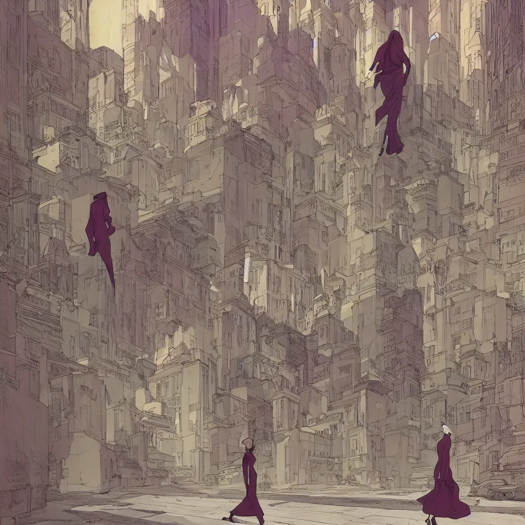 Prompt: an elegant full-length moebius-style woman walks through a surreal city