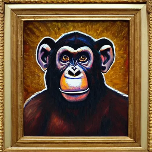 Image similar to portre of an autistic demonic chimpanzee on acid, masonic and kabalistic symbols in background, oil painting