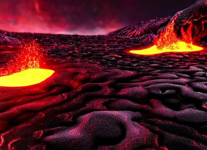 Image similar to hyperrealism, detailed textures, photorealistic 3 d render, a lava flow in iceland, one million lave rivers, sharp focus, ultra realistic, ultra high pixel detail, cinematic, intricate, cinematic light, concept art, illustration, art station, unreal engine 8 k