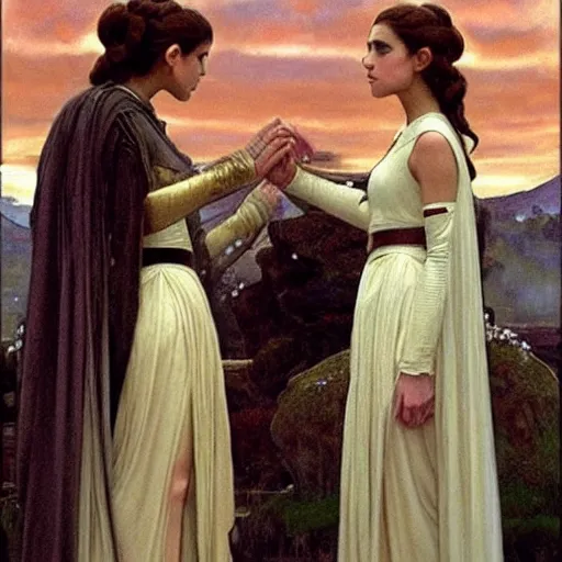 Image similar to !dream princess leia organa and queen padme amidala holding hands, perfect face, perfect body, flirty, full body portrait, drawn by john william waterhouse