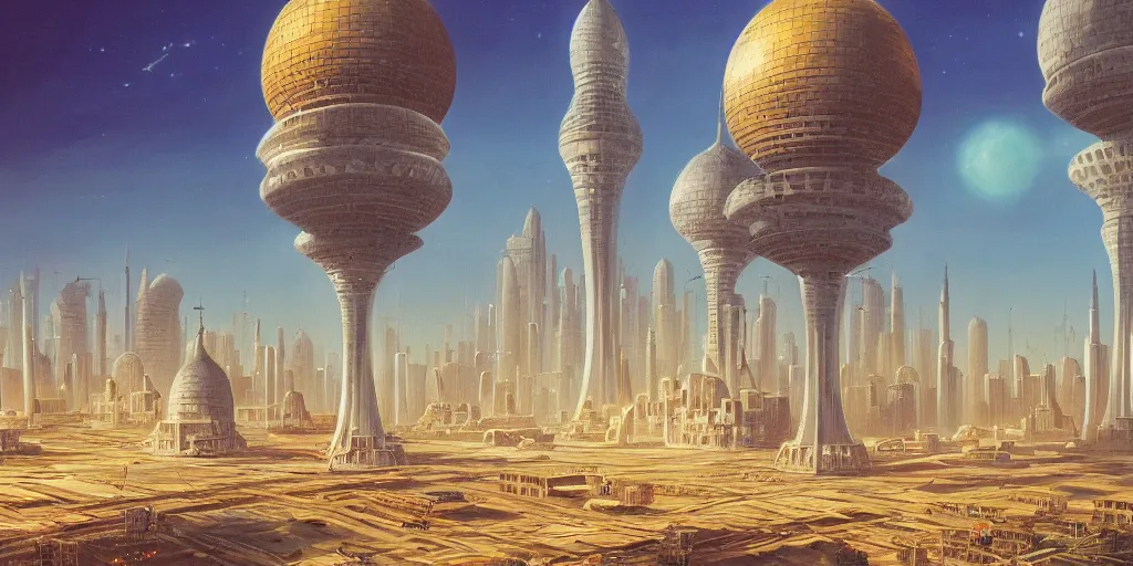 Prompt: a beautiful painting of futuristic islamic city with dome and croweded street alot of people by angus mckie, trending on artstation