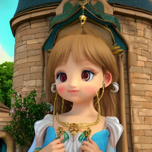 Image similar to a very detailed, ultra-realistic, pleasant, beautiful, funny, smooth 3D CG render, semirealistic anime style, close-up of a gorgeous, cute, gentle, noble priestess magician princess girl wearing dress and jewelry, in a glorious magic kingdom with castle and walls, relaxing calm vibes, fairytale, octane render